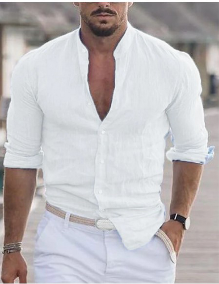 Linnen herenoverhemd met stijlvolle mockhals, comfortabel en casual. Ideaal voor herenmode lente/zomer.