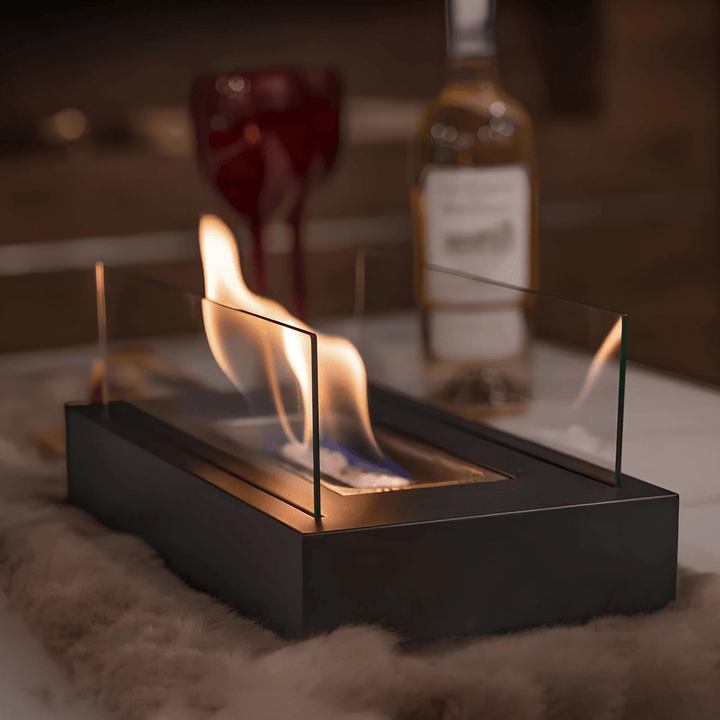 FlameGlow draagbare bio-ethanol tafelhaard; modern design voor binnen & buiten sfeer.