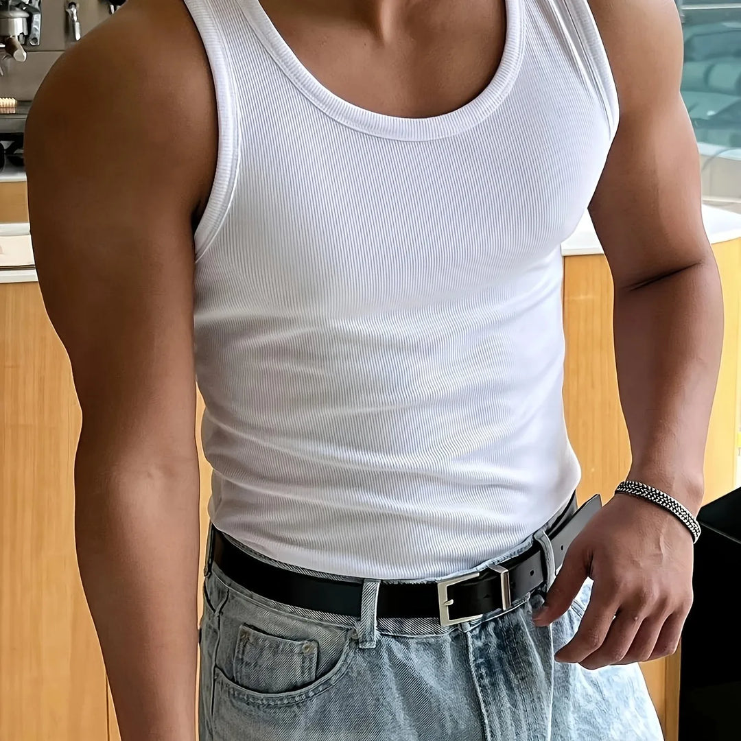 Heren slim fit tanktop met ronde hals, comfortabele mouwloze top voor casual zomerkleding.
