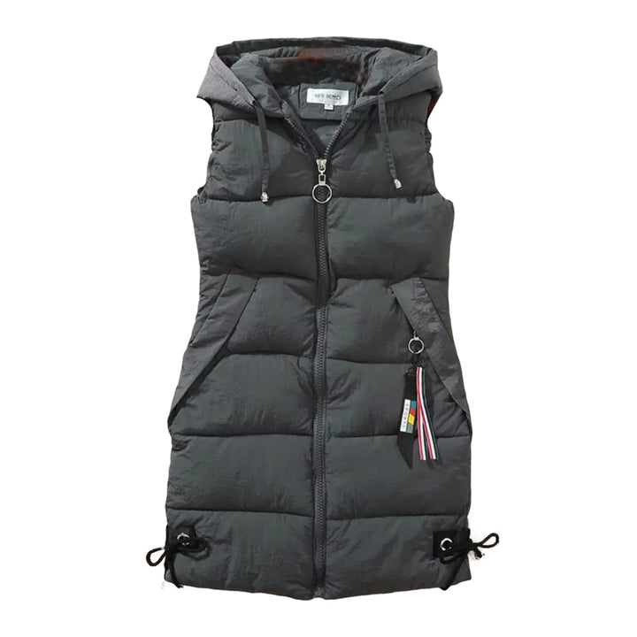 Stijlvolle gewatteerde dames bodywarmer met comfortabele afneembare capuchon.