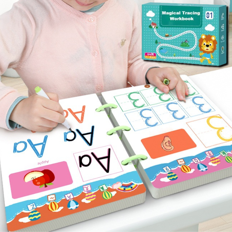 Herbruikbaar traceren werkboek voor kleuters om spelenderwijs letters en cijfers te leren schrijven.