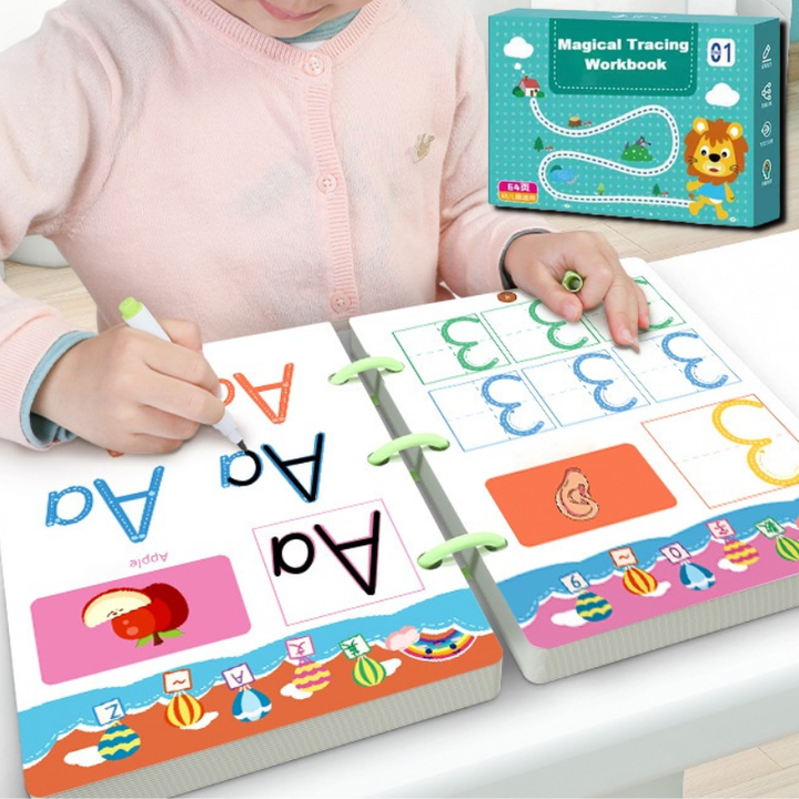 Herbruikbaar traceren werkboek voor kleuters om spelenderwijs letters en cijfers te leren schrijven.