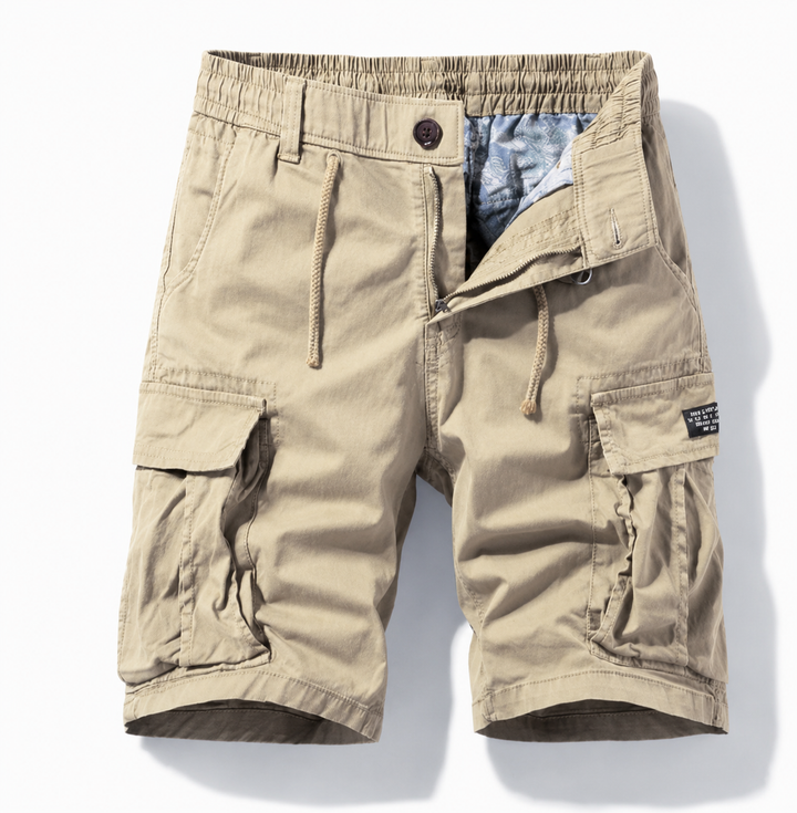 Grijze heren cargo shorts met elastische taille en ruime zijzakken. Perfect voor casual zomeroutfits en dagelijks gebruik.