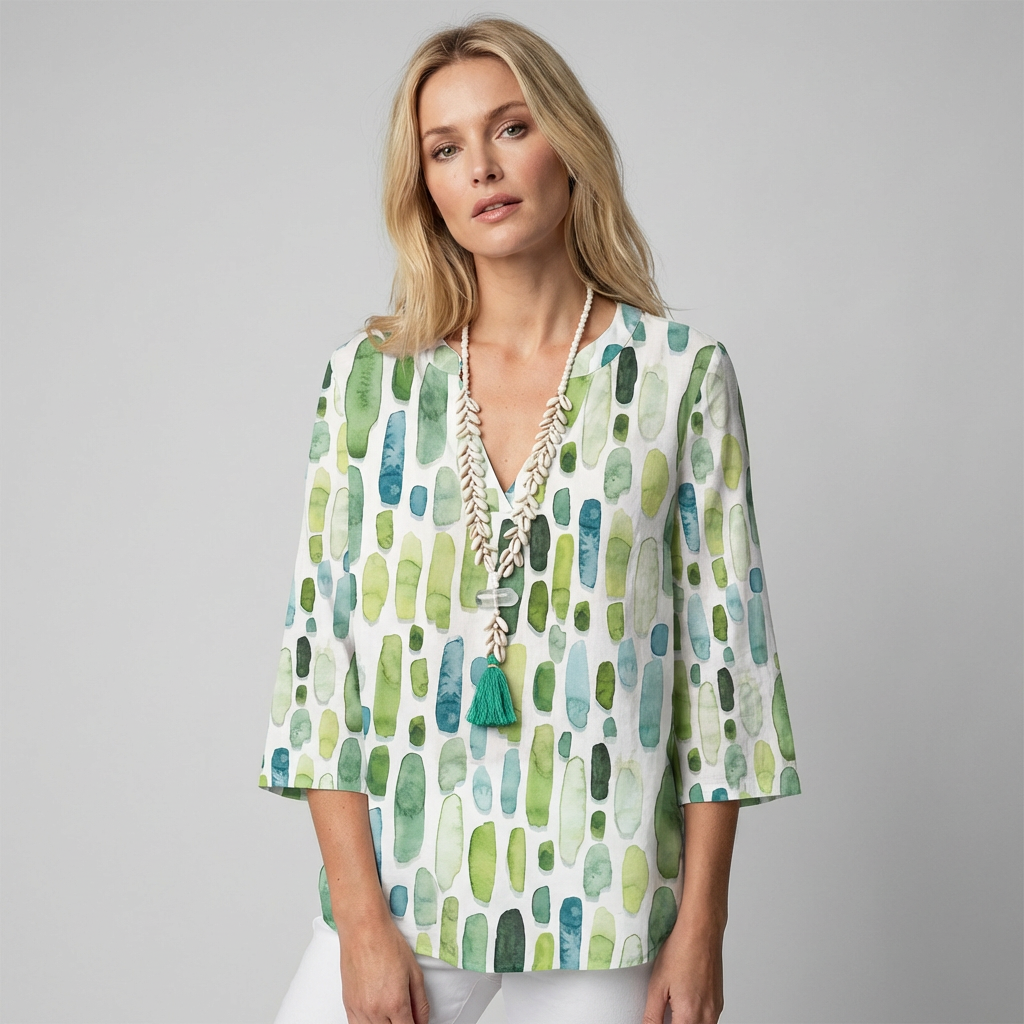 Chique dames geometrische blouse met V-hals en 3/4 mouwen, ideaal voor lente/zomer. Comfortabel, veelzijdig.
