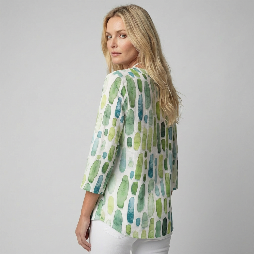 Casual gemengde kleur damesblouse met geometrisch patroon, V-hals en 3/4 mouwen. Perfect voor stijlvolle mode.