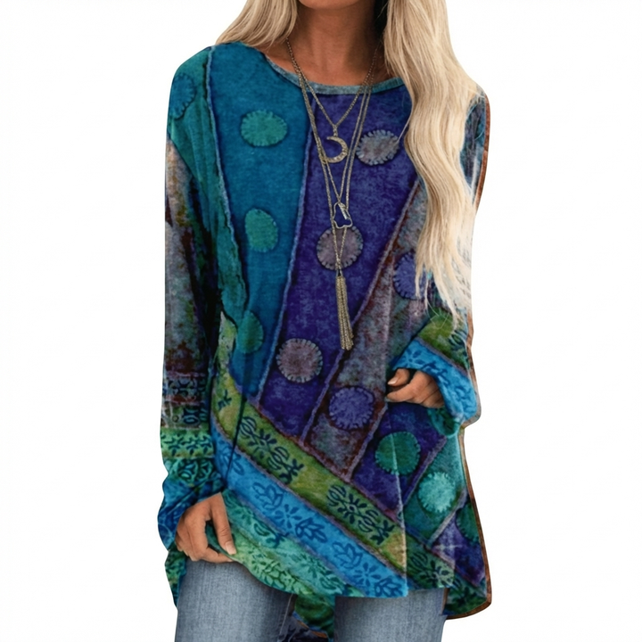 Modieuze dames tuniek met patchwork design en lange mouwen, perfect voor een comfortabele casual stijl.