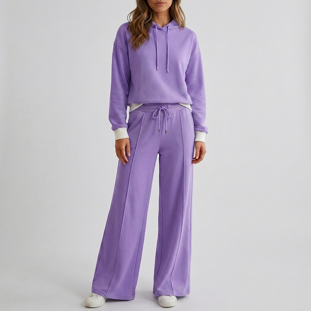 Comfortabele dames set: cropped hoodie en relaxte broek. Ideale vrijetijdskleding voor lente, zomer en herfst.