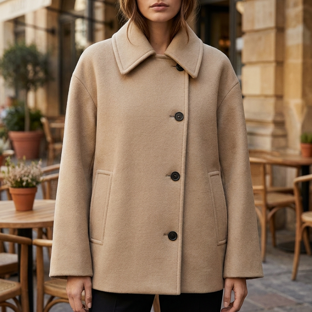 Trendy oversized khaki wollen damesjas, warm en stijlvol. Perfect voor herfst en winter.