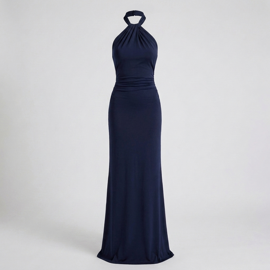 Chique dames maxi jurk met hoge hals, ideaal als avondkleding of elegante bruiloftsgast outfit. Tijdloos en comfortabel.