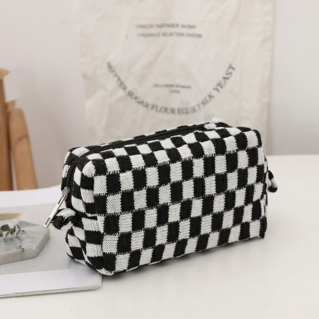 Compacte geruite make-uptas voor dames; een stijlvolle accessoire voor georganiseerde beautyproducten.