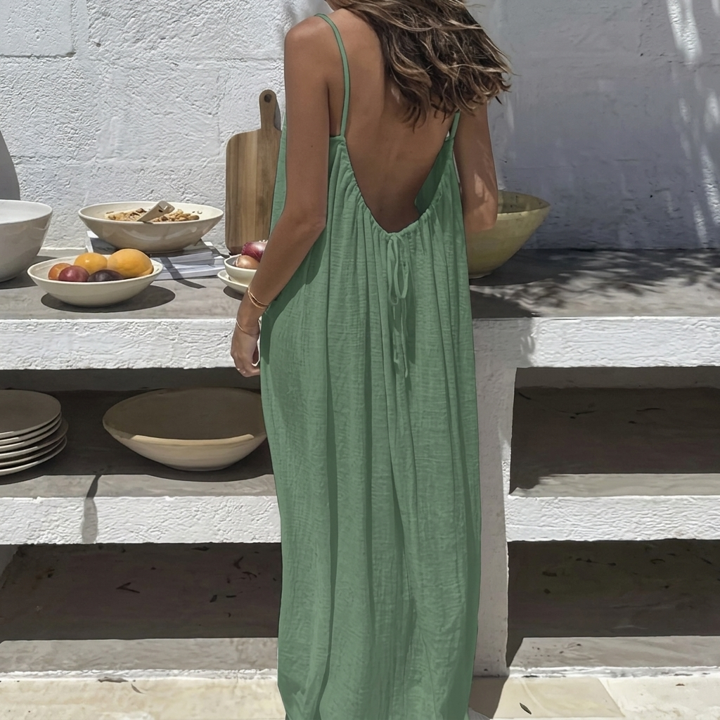 Ontspannen damesjurk met open rug, perfect als casual huisjurk of zomerse loungewear.