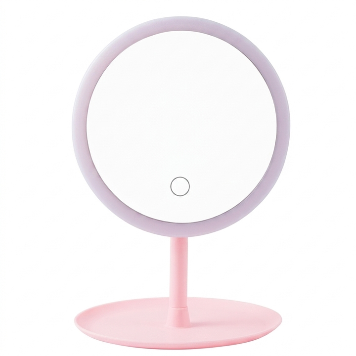 Verlichte beauty spiegel met oplaadbare LED's, zorgt voor perfecte make-up applicatie en huidverzorging.