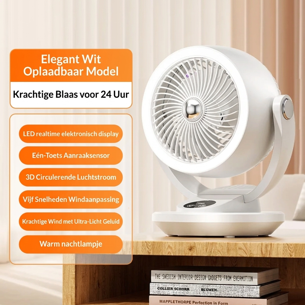 Draagbare witte/paarse mvb26 ventilator met oplaadbare batterij. Ideaal voor slaapkamer of kantoor; stille verfrissing.