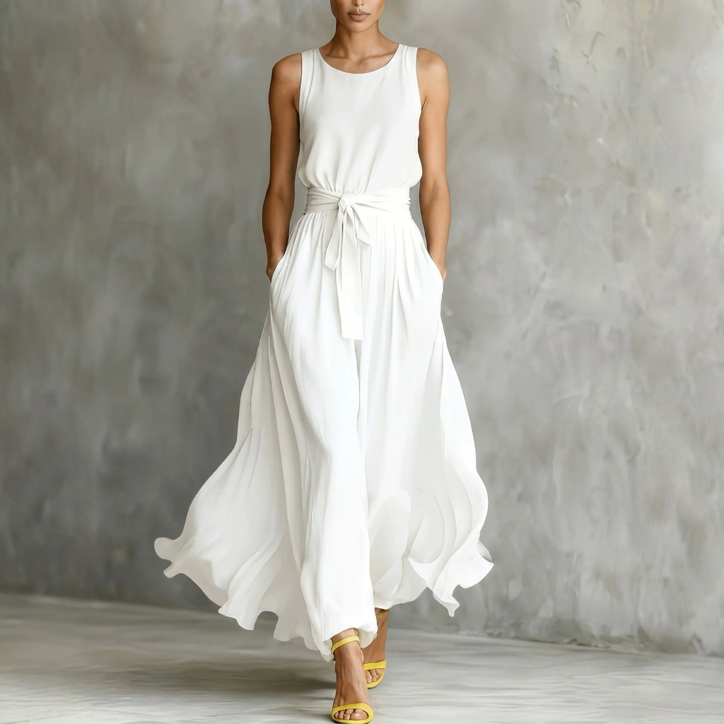 Elegante dames maxi-jurk met stijlvolle vetersluiting. Perfect voor zomerse feestjes en vakanties, mouwloos en vrouwelijk.