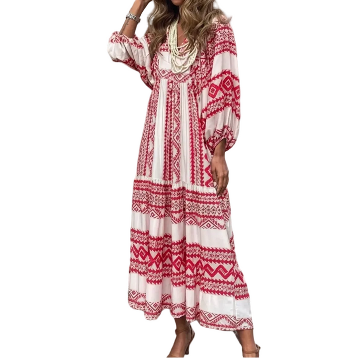 Veelzijdige dames maxi-jurk: bohemien, vintage, zomerjurk. Met V-hals, korte mouwen en levendige print.