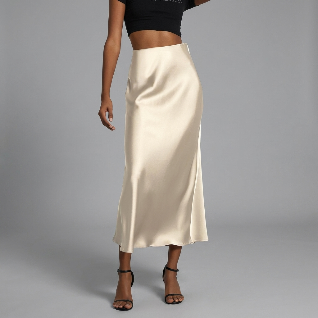 Modieuze dames satijnen midi rok met slanke pasvorm, effen design, comfortabel en veelzijdig voor elke gelegenheid.