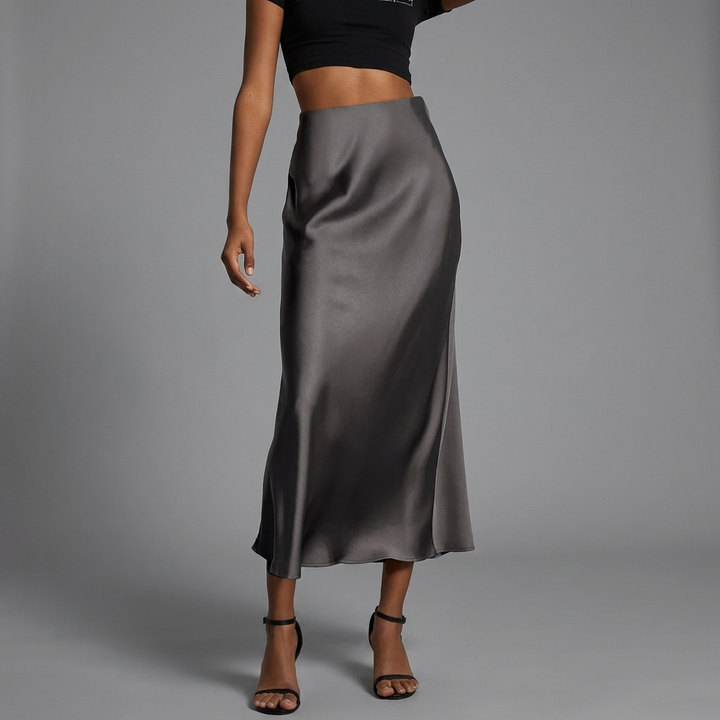 Feestelijke satijnen midi rok voor dames, elegant en modieus met slanke pasvorm, perfect voor een speciale avond.