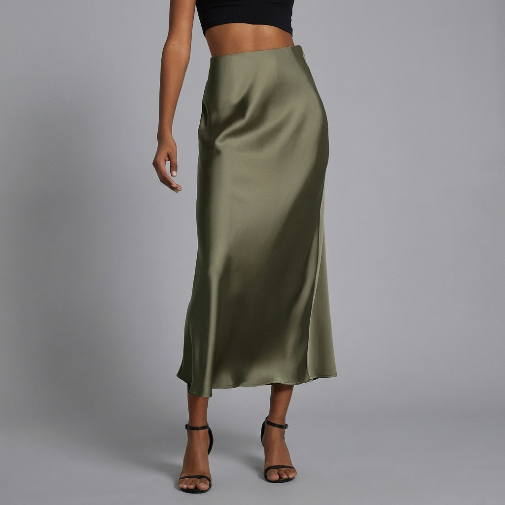 Zijdezachte satijnen midi rok voor dames, comfortabel en modieus, ideaal voor een elegante en veelzijdige look.