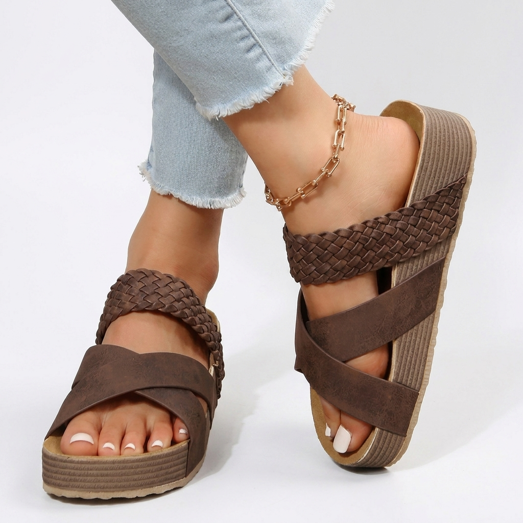 Bruine dames platformsandalen met kruisbanden, grote maten. Comfortabele, moderne zomerschoenen met platte zool.