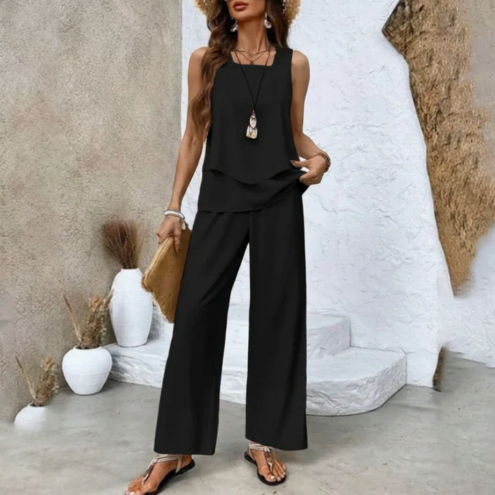 Elegante en comfortabele dames zomer set: gelaagd topje en wijde broek voor een stijlvolle, ontspannen look.