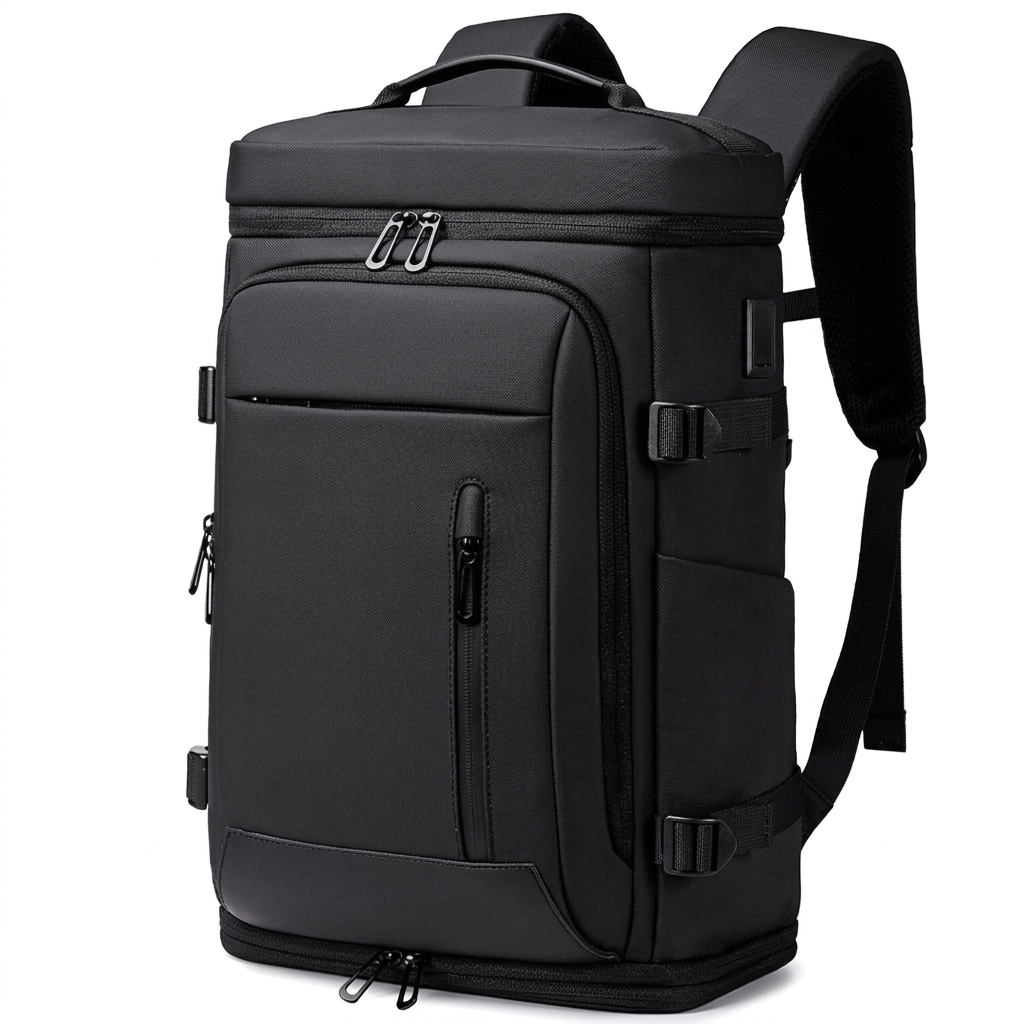 Zwarte unisex reisrugzak met grote capaciteit, ideaal voor weekendtrips, werk of school.