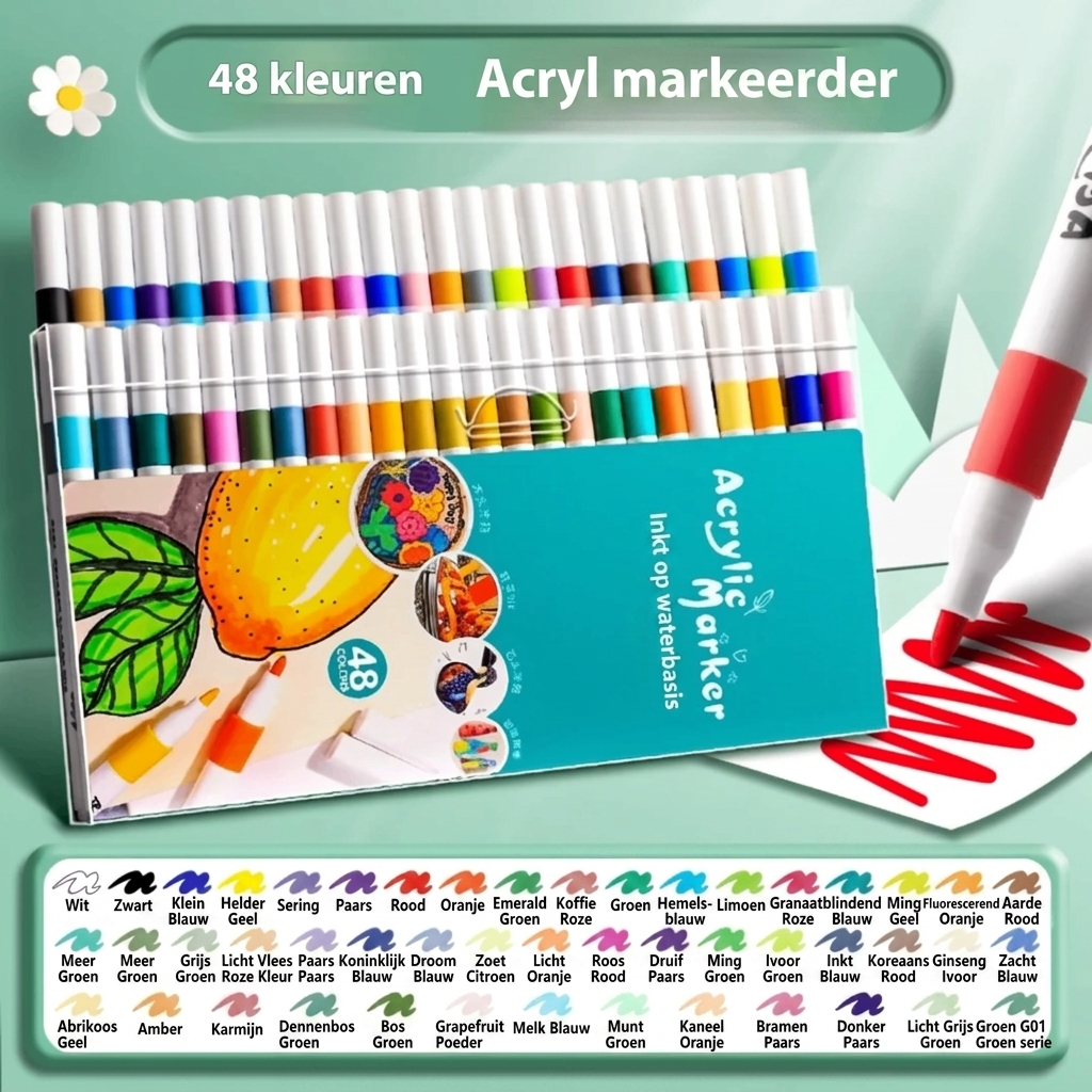 Levendige acryl markers en tekenpennen op papier, tonend rijke kleuren voor al je kunstbenodigdheden.
