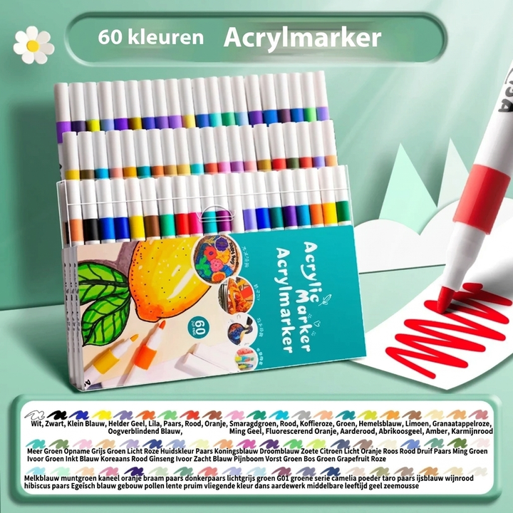 Kunstbenodigdheden: een assortiment acryl markeerstiften voor schilderen, tekenen en andere creatieve uitingen.