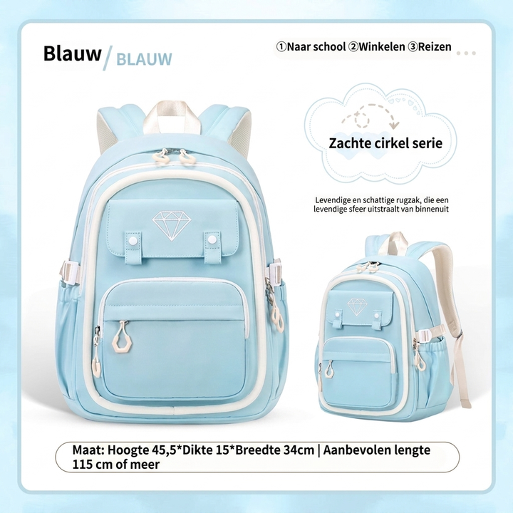 Beige meisjes rugzak met slimme multi-vakken indeling. Waterbestendig en lichtgewicht voor alle schoolbenodigdheden.