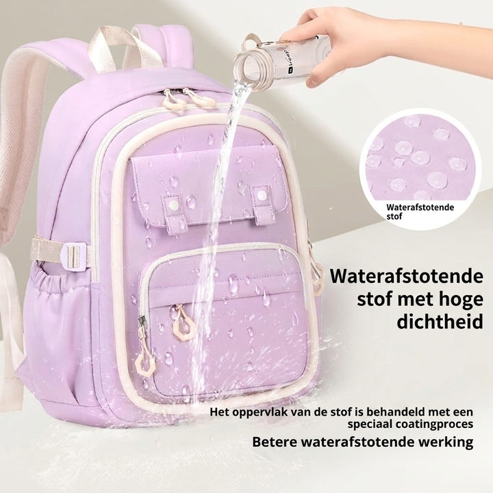 Praktische meisjes schoolrugzak met waterbestendig materiaal. Ruime studententas geschikt voor dagelijks gebruik en school.