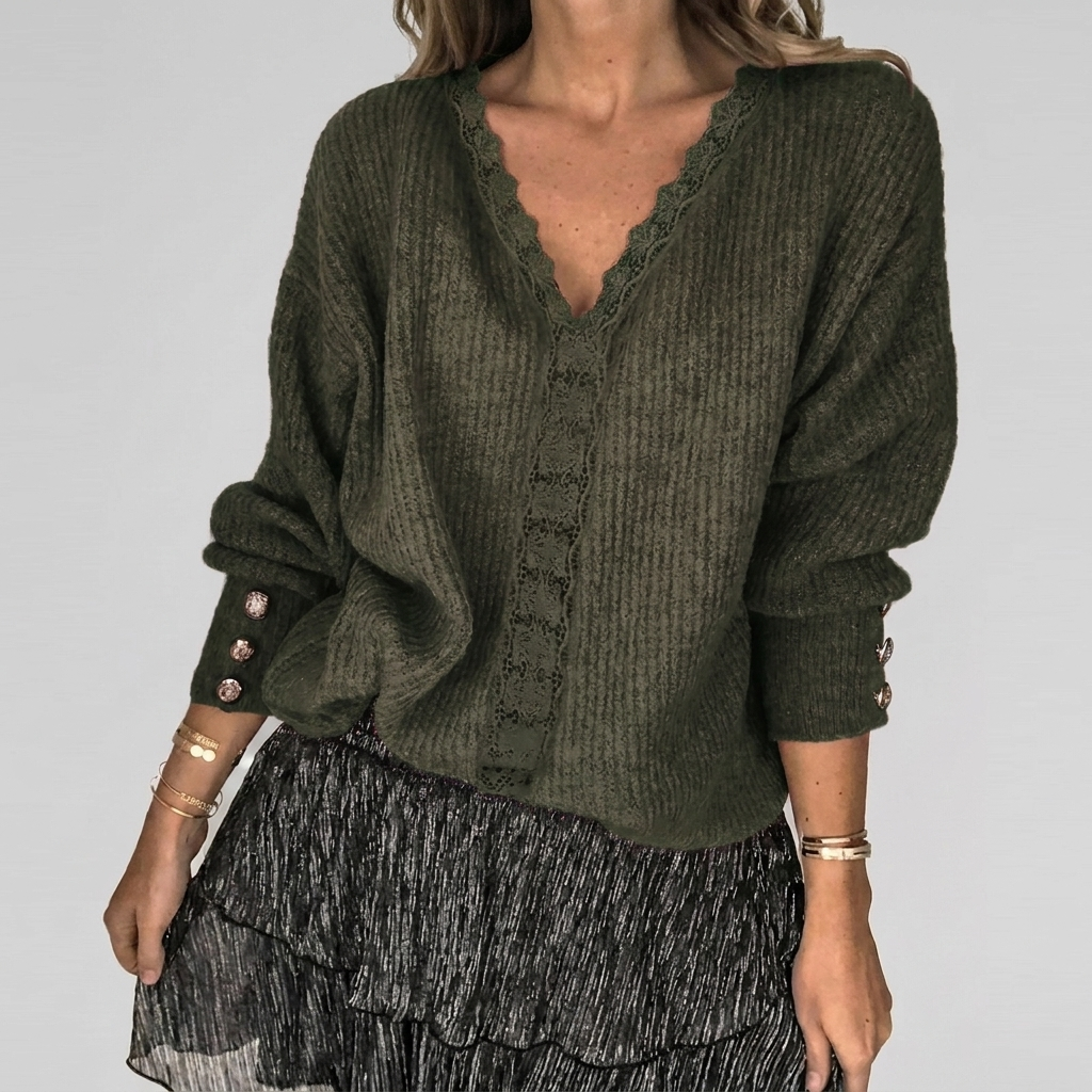 Casual damesblouse met V-hals en elegante opengewerkte patronen, perfect voor zomerse dagen.