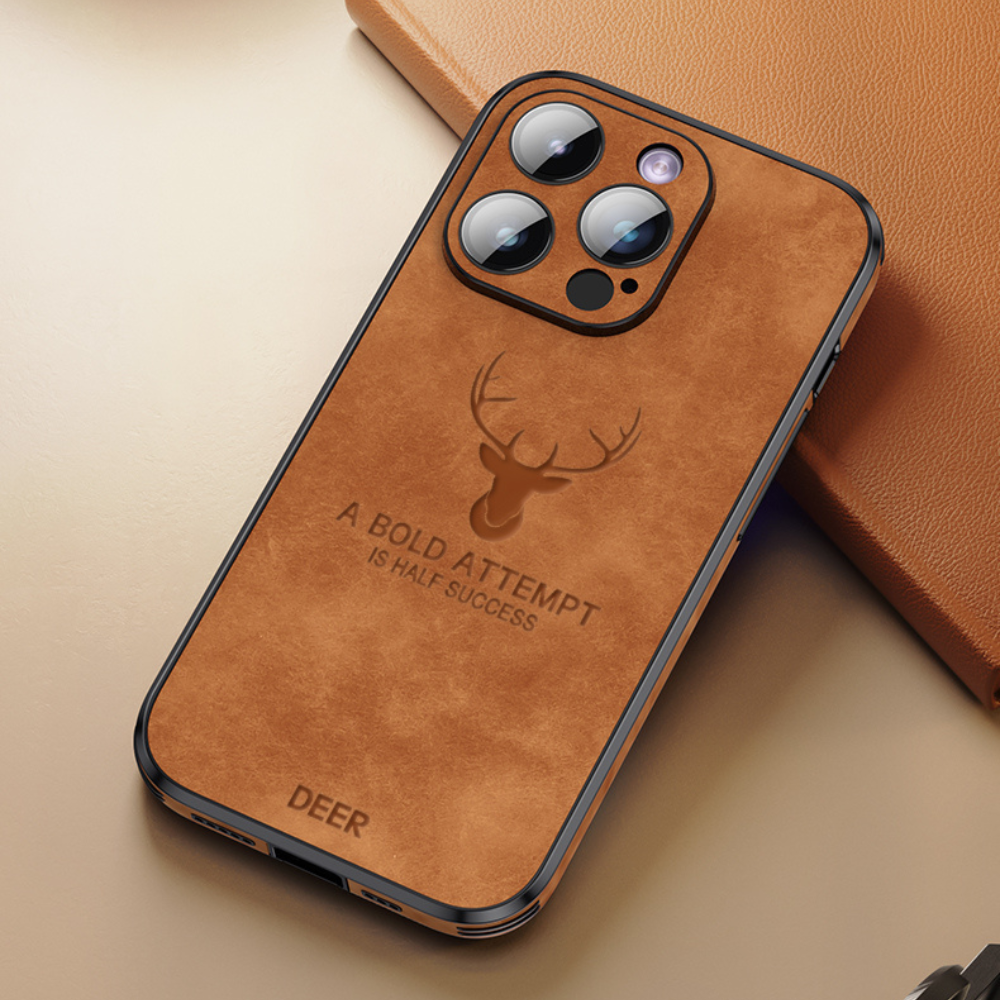 Compact leren iPhone cover met geavanceerde schokabsorptie en een verfijnd design.