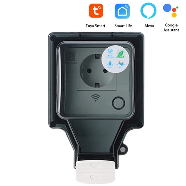Waterdichte IP66 smart WiFi buitenstopcontact voor Tuya/Smartlife app; bedien buitenverlichting/apparatuur slim.