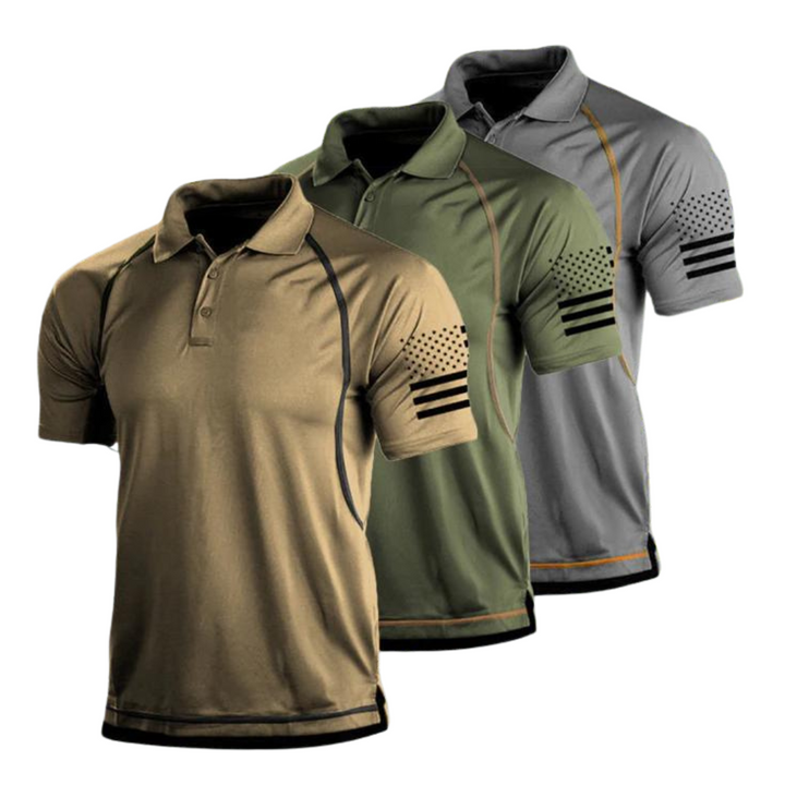Close-up van ademende, vochtafvoerende stof van een TrailCore heren sneldrogend outdoor poloshirt in grijs. Comfortabel en sportief.