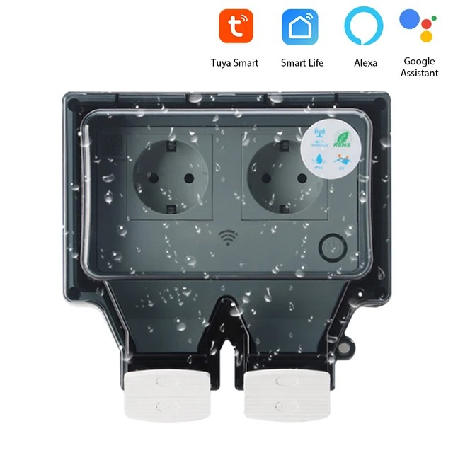 Compacte IP66 waterdichte slimme buitenstekker, ideaal voor energiebeheer en veilige tuinautomatisering.