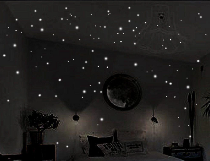 Een kinderkamer met een wand vol fonkelende lichtgevende sterren, perfecte glow in the dark decoratie voor een magische sfeer.
