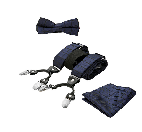 Glanzende heren vlinderdas set met bretels en pochet, voor een luxe en formele uitstraling op speciale evenementen.