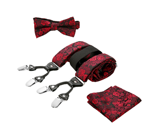 Close-up van het elegante patroon op een chique mannen vlinderdas, onderdeel van de complete 3-delige set.
