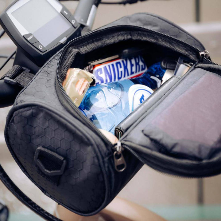 Deze veelzijdige fietstas in blauw biedt een waterdichte touchscreen telefoonhouder en extra opbergruimte.