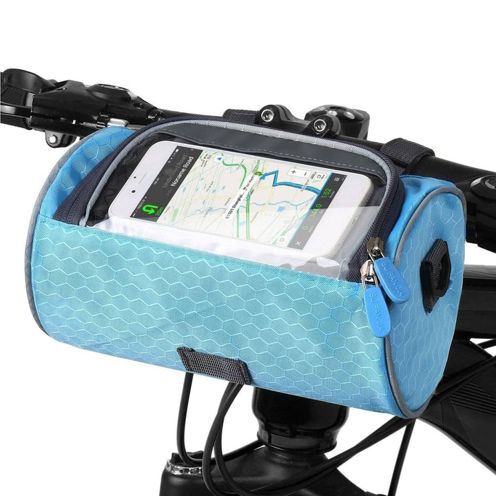 Gele fietstas met touchscreen, waterdicht en universeel. Telefoonhouder voor het fietsframe, handig voor navigatie.