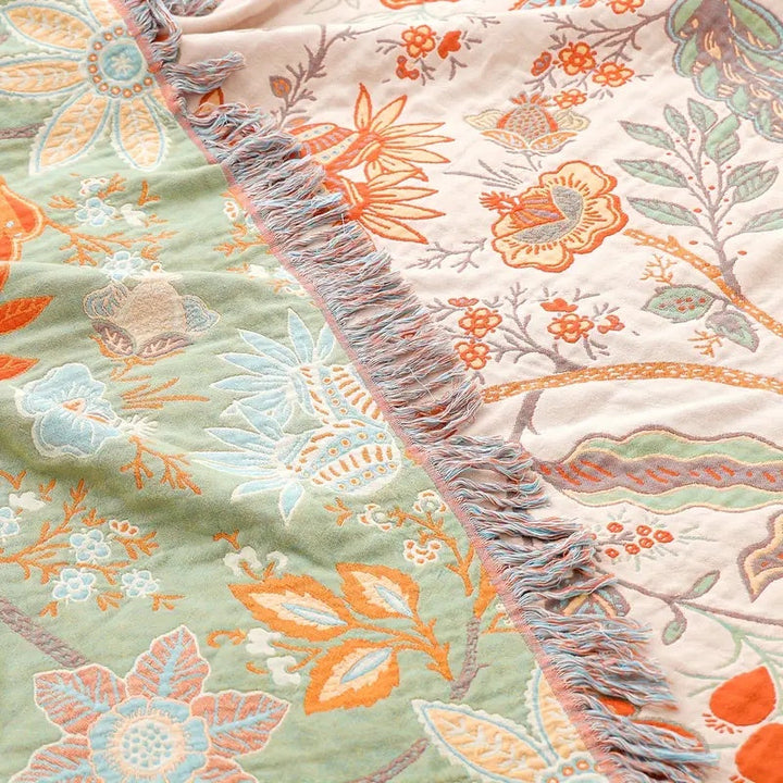 Elegant bohemien picknickkleed van katoen met franjes; ook prachtig als woondeken of decoratief interieurdeken.
