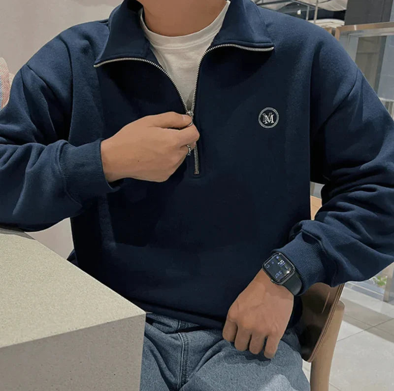 Blauw heren ritsvest met stand-kraag, comfortabel en casual voor lente en herfst.