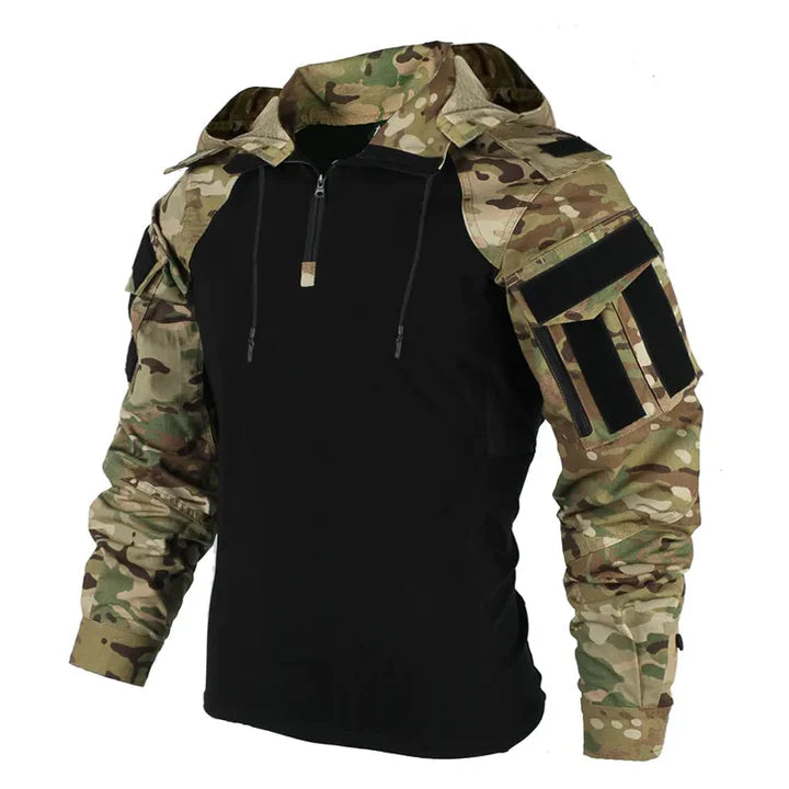 Stijlvolle tactische heren hoodie met capuchon in effen kleur, biedt comfort en een praktische, casual look.