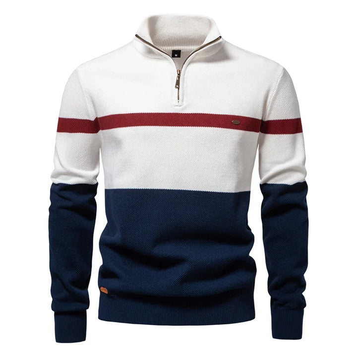 Heren pullover met horizontale strepen en praktische halve rits. De perfecte casual trui voor elke man.