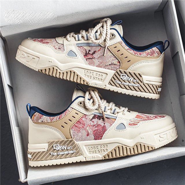 Stijlvolle heren casual sneakers met levendig olieverf design (blauw, roze, beige). Trendy en lichtgewicht voor dagelijks comfort.
