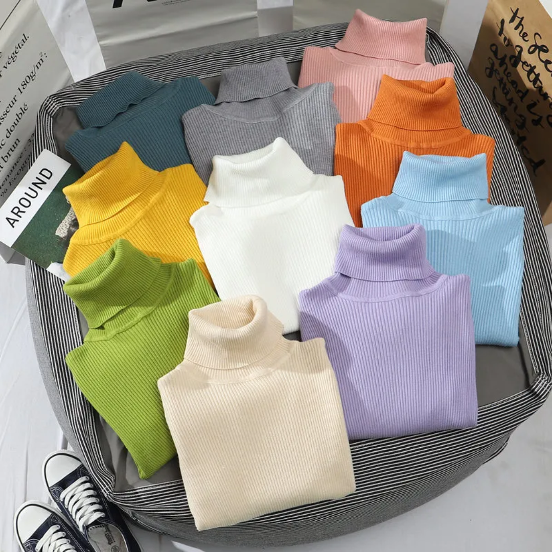 Warme slim fit dames trui, kasjmierlook, met hoge col, modern en modieus.