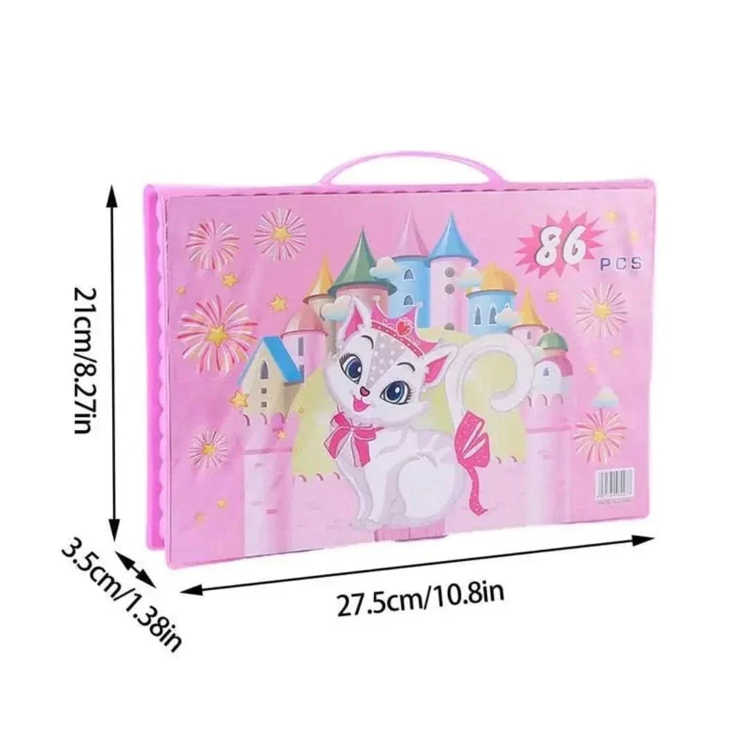 Compacte tekenkoffer 6-in-1, makkelijk mee te nemen. Ideaal voor creatieve kinderen onderweg.