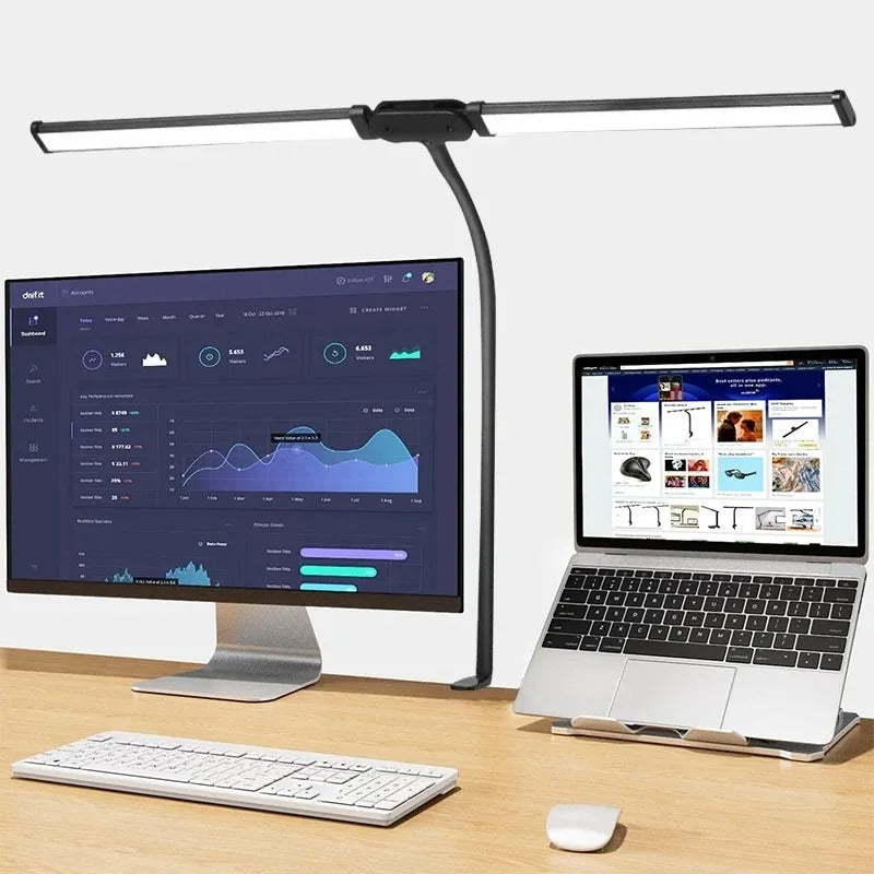 Witte flexibele LED studielamp met dubbele lichtkoppen; dimbaar warm en wit licht voor optimale concentratie.