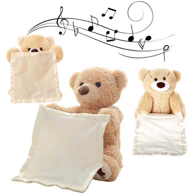 Interactieve pluche teddybeer die kiekeboe speelt en zingt, ideaal voor jonge kinderen.