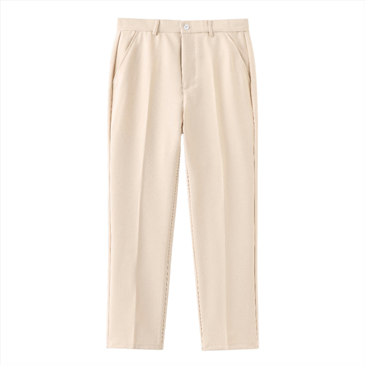 Close-up van de zachte katoen-polyester stretchstof van deze comfortabele herenbroek, ideaal voor allround gebruik.
