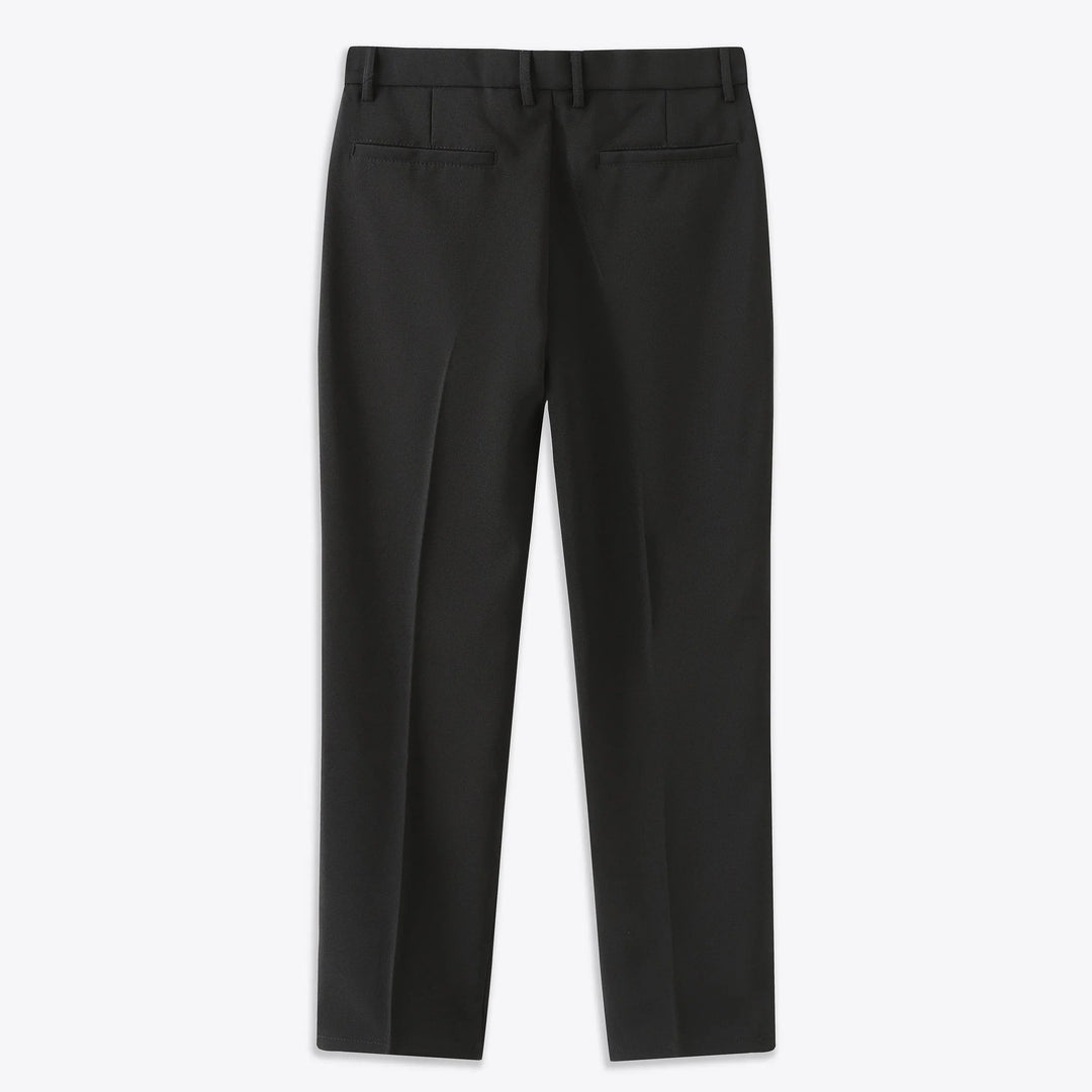 De taps toelopende pijp (tapered) van de stijlvolle heren stretch pantalon, voor een eigentijdse en comfortabele pasvorm.